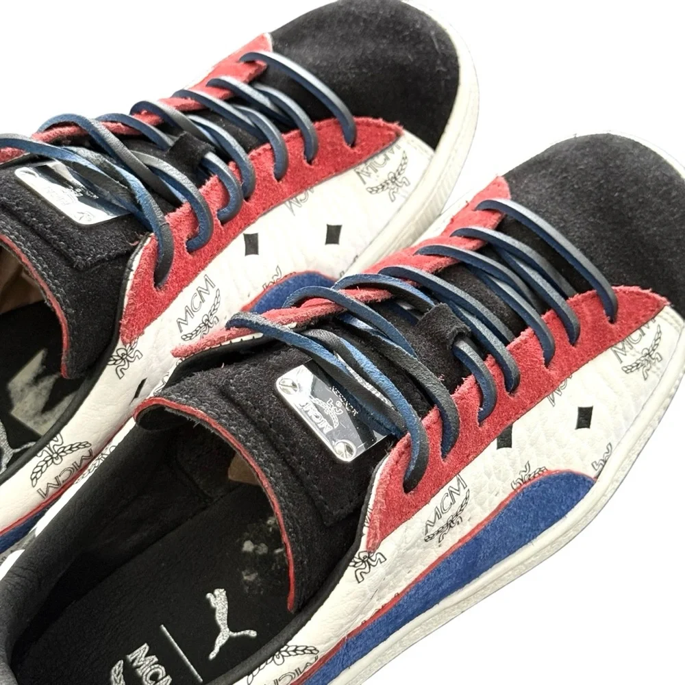 MCM Black Red Blue Logo-Print Leather Sneakers